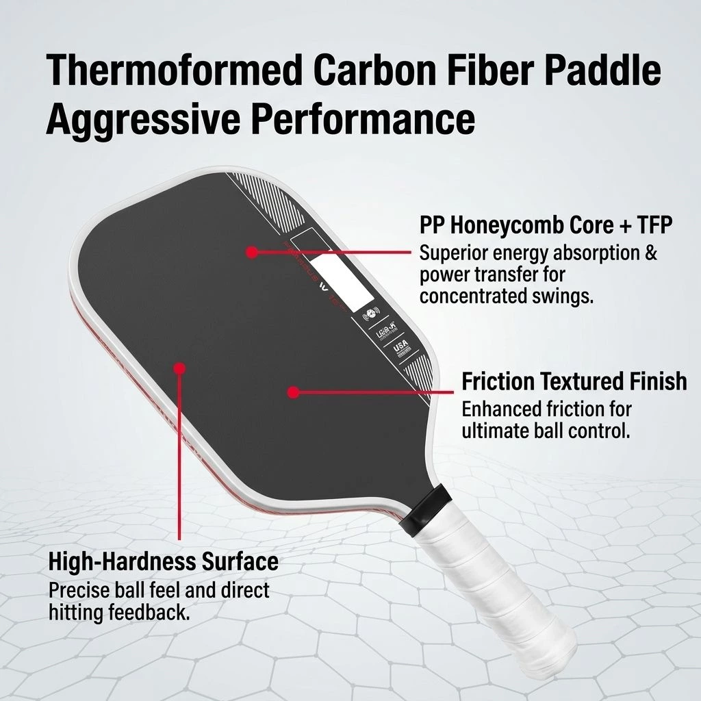 Thermoformed Carbon Fiber Pickleball Paddle High Performance 16mm Honeycomb Core Racket with Friction Surface